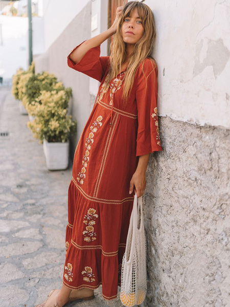 Boho Dress V-Neck 3/4 Length Sleeves Dark Red Embroidered Bohemian Gypsy Beach Spring Vacation Summer Long Dress For Women