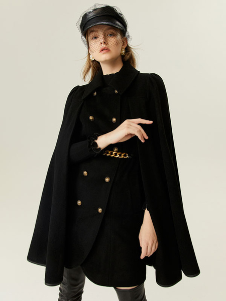 Black Poncho Coat Turndown Collar Double Breasted Cape Chain Belt Classic Spring Fall Outerwear For Women