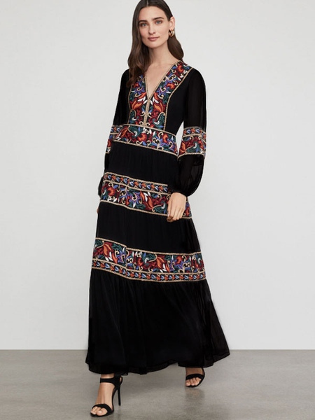 Boho Dress Black V-Neck Long Sleeves Embroidered Bohemian Gypsy Beach Vacation Spring Summer Maxi Dress For Women