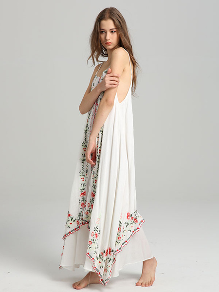 Boho Dress Straps Neck Sleeveless White Embroidered Bohemian Gypsy Beach Vacation Summer Maxi Dress For Women
