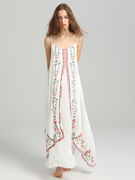 Boho Dress Straps Neck Sleeveless White Embroidered Bohemian Gypsy Beach Vacation Summer Maxi Dress For Women