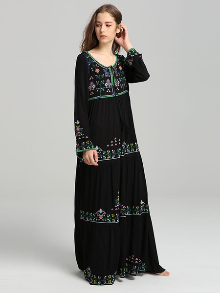 Boho Dress Black Long Sleeves V-neck Embroidered Bohemian Gypsy Beach Vacation Spring Summer Long Dress For Women