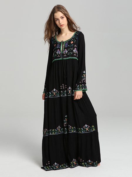 Boho Dress Black Long Sleeves V-neck Embroidered Bohemian Gypsy Beach Vacation Spring Summer Long Dress For Women