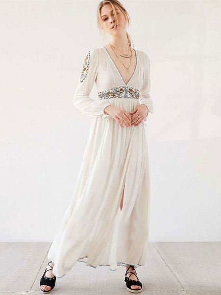 Boho Dress Deep V-Neck Long Sleeves Split Embroidered Bohemian Gypsy Beach Vacation White Spring Summer Maxi Dress For Women
