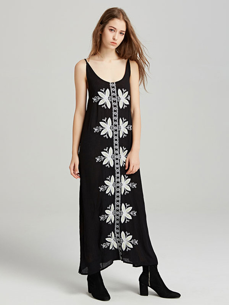 Boho Dress Straps Neck Sleeveless Embroidered Black V-neck Bohemian Gypsy Beach Vacation Split Summer Midi Slip Dress For Women