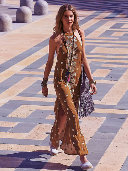 Boho Dress Jewel Neck Sleeveless Embroidered Coffee Brown Bohemian Gypsy Beach Vacation High Split Summer Long Dress For Women