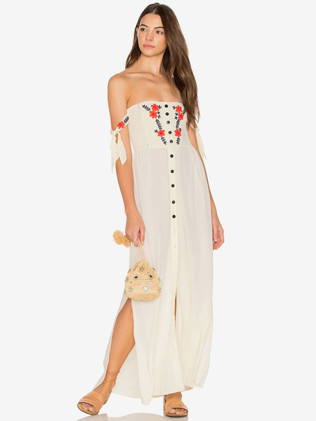 Boho Dress Off-the-shoulder Embroidered Sleeveless Bohemian Gypsy Beach Vacation Summer Long Dress For Women