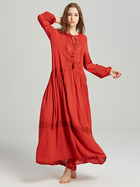 Boho Dress V-Neck Long Sleeves Red Embroidered Bohemian Gypsy Beach Vacation Spring Summer Maxi Shift Dress For Women