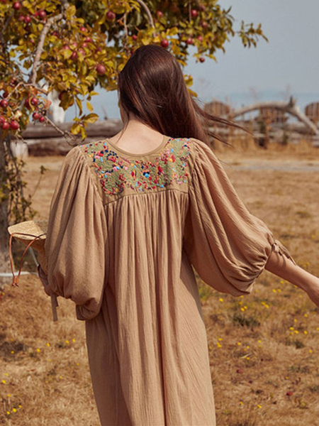 Boho Dress Light Brown Embroidered Jewel Neck 3/4 Length Sleeves Gypsy Beach Vacation Spring Summer Midi Dress For Women