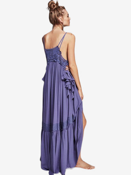 Boho Dress Lilac Embroidered Sleeveless Bohemian Gypsy Beach Vacation Summer Layered Long Dress For Women