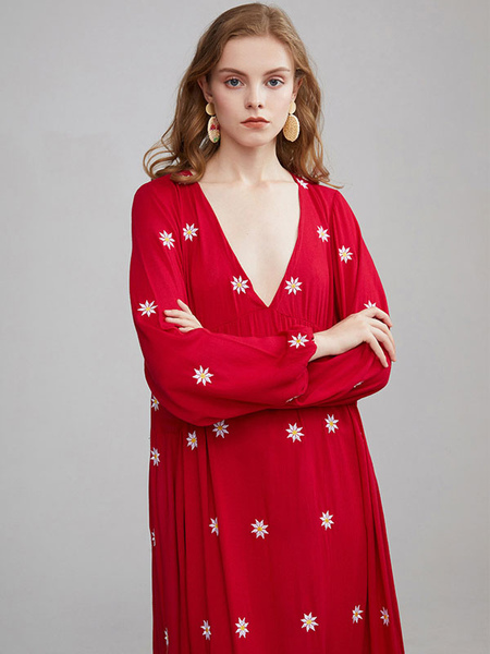 Boho Dress Embroidered Red Deep V-Neck Long Sleeves Bohemian Gypsy Beach Vacation Spring Summer Long Dress For Women