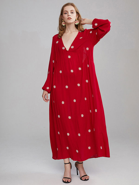 Boho Dress Embroidered Red Deep V-Neck Long Sleeves Bohemian Gypsy Beach Vacation Spring Summer Long Dress For Women