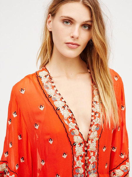Boho Dress Embroidered V-Neck Half Sleeves Orange Irregular Hem Bohemian Gypsy Beach Vacation Summer Long Dress For Women