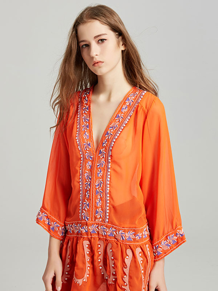 Boho Dress Embroidered Deep V-Neck 3/4 Length Sleeves Orange Bohemian Gypsy See-through Beach Vacation Summer Short Shift Dress For Women