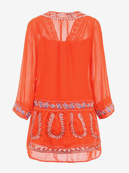 Boho Dress Embroidered Deep V-Neck 3/4 Length Sleeves Orange Bohemian Gypsy See-through Beach Vacation Summer Short Shift Dress For Women