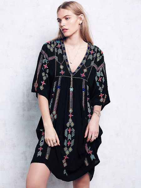 Boho Dress Black Embroidered V-Neck Half Sleeves Bohemian Gypsy Beach Vacation Spring Summer Short Shift Dress For Women