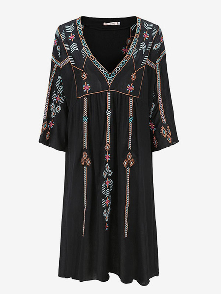 Boho Dress Black Embroidered V-Neck Half Sleeves Bohemian Gypsy Beach Vacation Spring Summer Short Shift Dress For Women