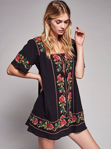 Boho Dress Black Embroidered Square Neck Short Sleeves Bohemian Gypsy Beach Vacation Summer Short Shift Dress For Women