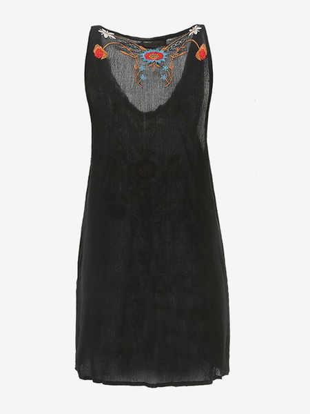 Boho Dress Black Embroidered V-Neck Sleeveless Bohemian Gypsy Beach Vacation Summer Short Tank Dress For Women