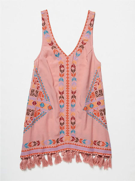 Boho Dress Embroidered Pink V-Neck Sleeveless Bohemian Gypsy Beach Vacation Summer Short Tank Dress For Women