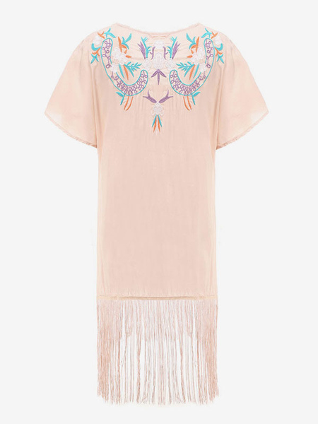 Boho Dress Embroidered V-Neck Short Sleeves Light Apricot Tassel Bohemian Gypsy Beach Vacation Summer Short Shift Dress For Women