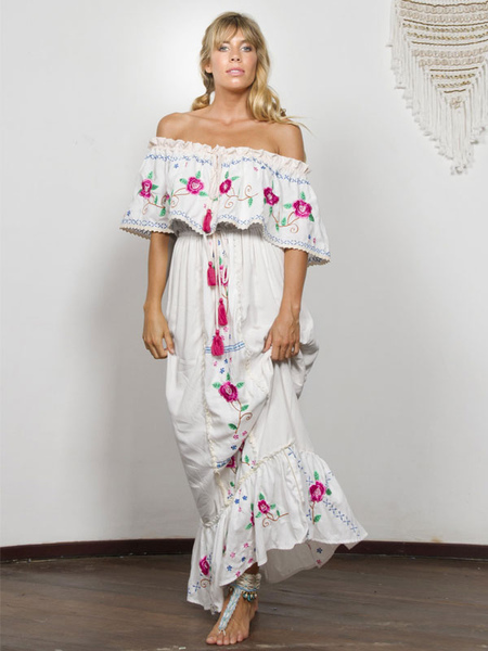 Boho Dress Embroidered White Off-shoulder Gypsy Beach Vacation Tassel Bateau Neck Spring Summer Maxi Dress For Women