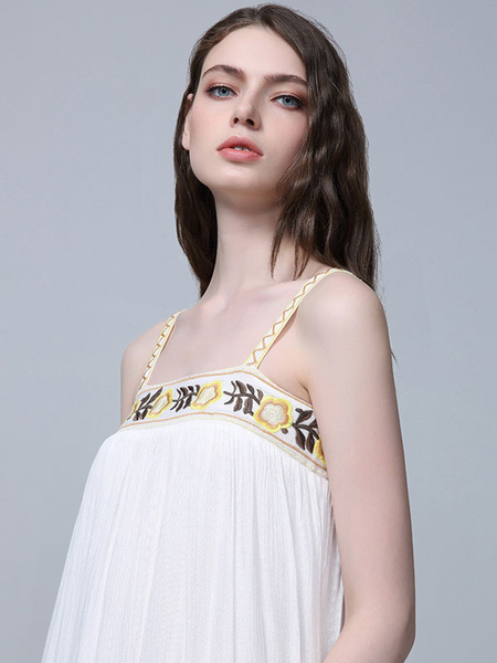 Boho Dress Embroidered White Sleeveless Bohemian Gypsy Beach Vacation Spring Summer Slip Maxi Shift Dress For Women