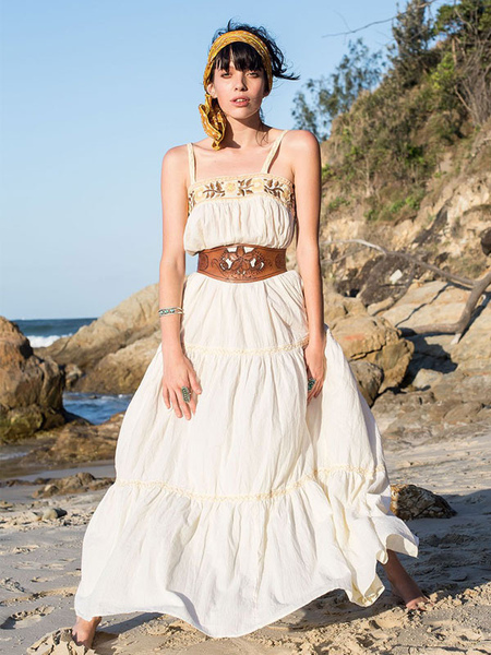 Boho Dress Embroidered White Sleeveless Bohemian Gypsy Beach Vacation Spring Summer Slip Maxi Shift Dress For Women