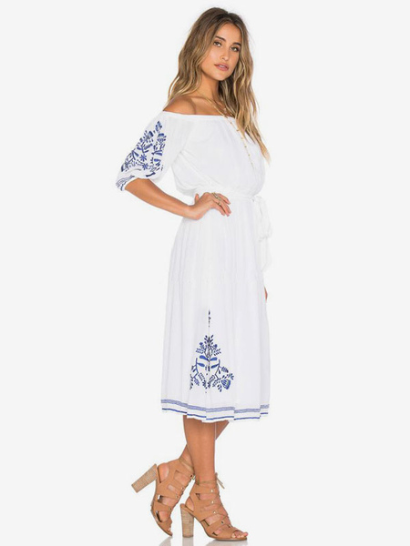 Boho Dress Off-shoulder Black Embroidered 3/4 Length Sleeves Bohemian Gypsy Beach Vacation Summer Midi Dress For Women