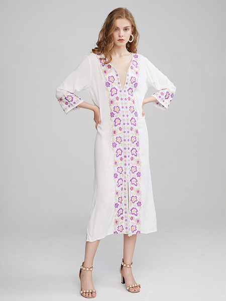 Boho Dress White Embroidered Deep V-Neck 3/4 Length Split Bohemian Gypsy Beach Vacation Summer Midi Dress For Women