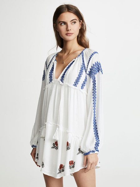 Boho Dress Embroidered V-Neck Long Sleeves White Bohemian Gypsy Beach Vacation Summer Short Shift Dress For Women