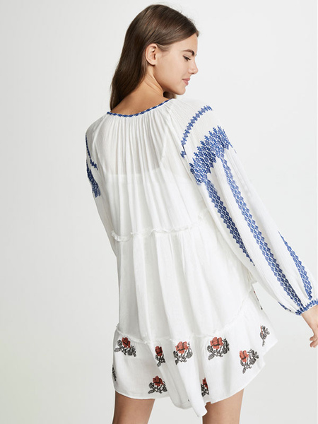 Boho Dress Embroidered V-Neck Long Sleeves White Bohemian Gypsy Beach Vacation Summer Short Shift Dress For Women