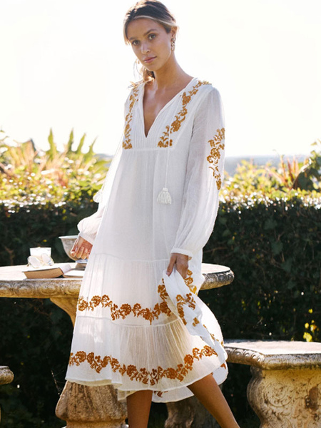 Boho Dress V-Neck Long Sleeves White Bohemian Gypsy Beach Vacation Spring Summer Midi Shift Dress For Women