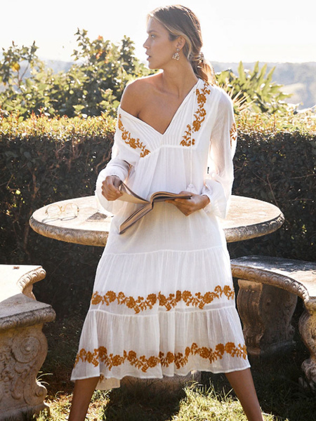 Boho Dress V-Neck Long Sleeves White Bohemian Gypsy Beach Vacation Spring Summer Midi Shift Dress For Women