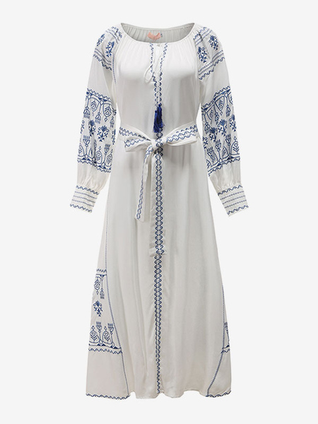Boho Dress V-Neck Long Sleeves Bohemian Gypsy Beach Vacation White Spring Summer Belted Maxi Dress For Women