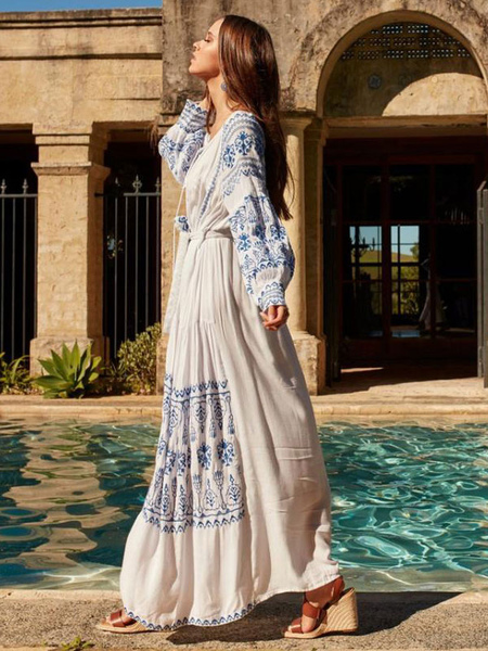 Boho Dress V-Neck Long Sleeves Bohemian Gypsy Beach Vacation White Spring Summer Belted Maxi Dress For Women
