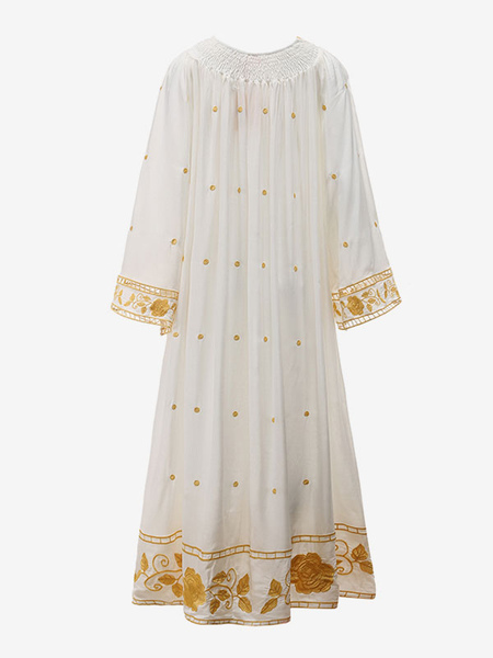 Boho Dress Bateau Neck Long Sleeves Printed Embroidered Summer Dress