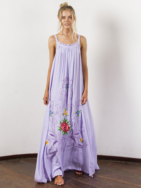 Boho Dress Straps Neck Sleeveless Embroidered Bohemian Gypsy Beach Vacation Lavender Cotton Summer Maxi Slip Dress For Women