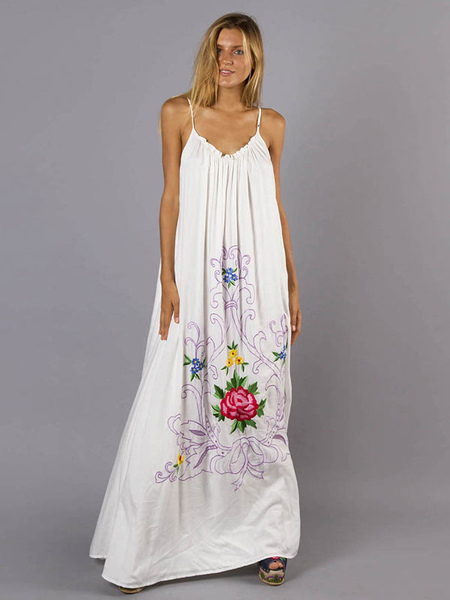 Boho Dress Straps Neck Sleeveless Embroidered Bohemian Gypsy Beach Vacation Lavender Cotton Summer Maxi Slip Dress For Women