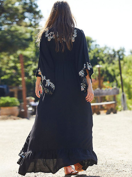 Boho Dress Deep V-Neck 3/4-Length Sleeve Black Embroidered Bohemian Gypsy Beach Vacation Cotton Spring Summer Long Dress For Women