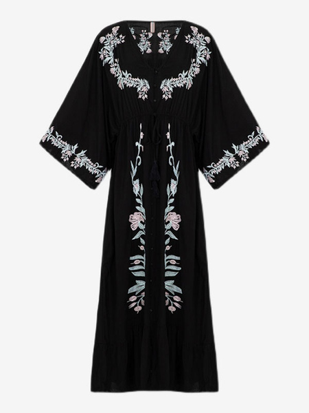Boho Dress Deep V-Neck 3/4-Length Sleeve Black Embroidered Bohemian Gypsy Beach Vacation Cotton Spring Summer Long Dress For Women