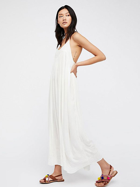 Boho Dress Straps Neck Sleeveless Coral Bohemian Gypsy Beach Vacation Summer Long Slip Dress For Women