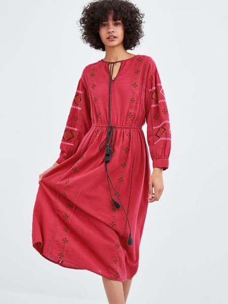 Boho Dress Red V-Neck Long Sleeves Embroidered Bohemian Gypsy Beach Vacation Spring Summer Midi Dress For Women