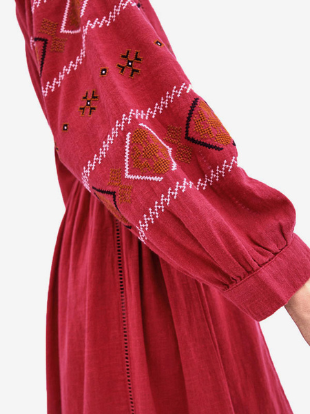 Boho Dress Red V-Neck Long Sleeves Embroidered Bohemian Gypsy Beach Vacation Spring Summer Midi Dress For Women