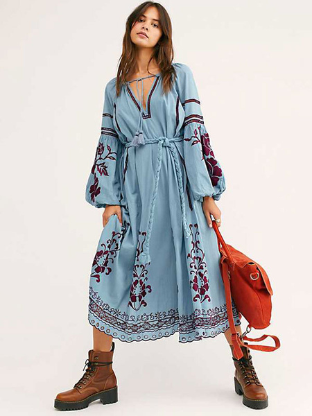 Boho Dress Light Sky Blue V-Neck Long Sleeves Embroidered Bohemian Gypsy Beach Vacation Spring Summer Belted Long Dress For Women