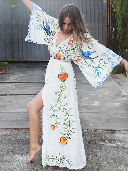 Boho Dress V-neck Embroidered Bohemian Gypsy Beach Vacation Pink Cotton Spring Summer Maxi Dress For Women