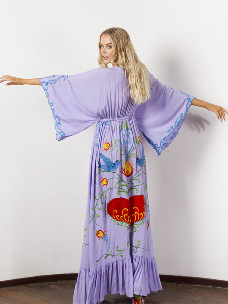 Boho Dress V-neck Embroidered Bohemian Gypsy Beach Vacation Pink Cotton Spring Summer Maxi Dress For Women