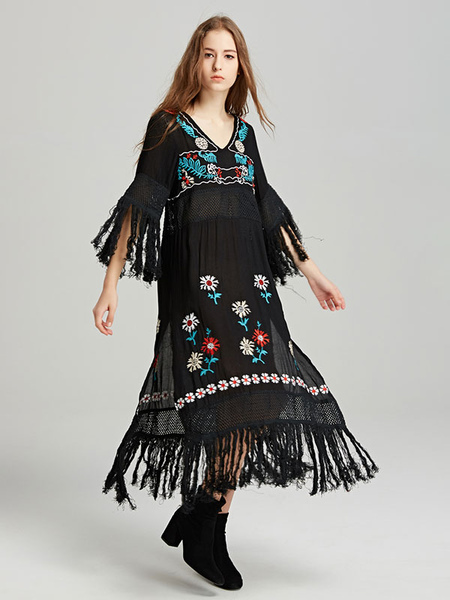 Boho Dress V-neck Tassel Embroidered Bohemian Gypsy Beach Vacation White Cotton Spring Summer Long Dress For Women