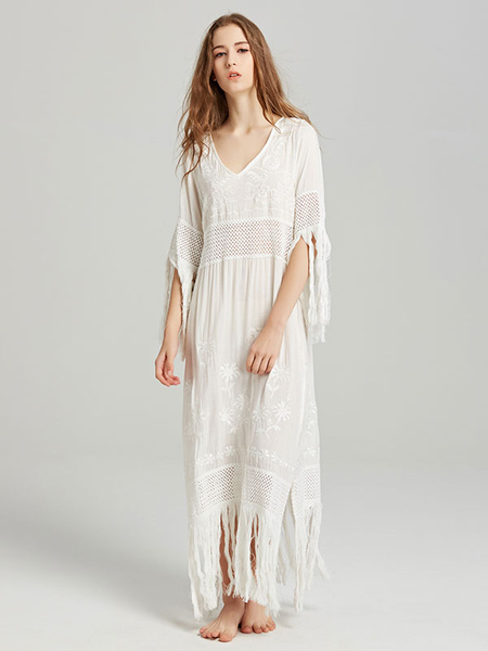 Boho Dress V-neck Tassel Embroidered Bohemian Gypsy Beach Vacation White Cotton Spring Summer Long Dress For Women