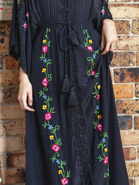 Boho Dress Long Sleeves Embroidered Bohemian Gypsy Beach Vacation V-Neck Black Spring Summer Long Dress For Women